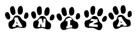The image shows a series of animal paw prints arranged in a horizontal line. Each paw print contains a letter, and together they spell out the word Aniza.