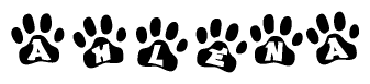The image shows a series of animal paw prints arranged in a horizontal line. Each paw print contains a letter, and together they spell out the word Ahlena.