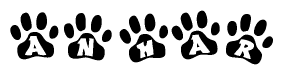 The image shows a series of animal paw prints arranged horizontally. Within each paw print, there's a letter; together they spell Anhar