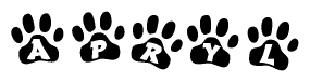 The image shows a series of animal paw prints arranged in a horizontal line. Each paw print contains a letter, and together they spell out the word Apryl.