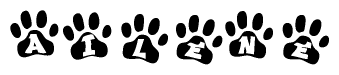 The image shows a series of animal paw prints arranged in a horizontal line. Each paw print contains a letter, and together they spell out the word Ailene.