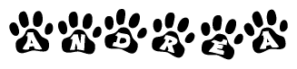The image shows a row of animal paw prints, each containing a letter. The letters spell out the word Andrea within the paw prints.