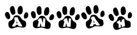 The image shows a series of animal paw prints arranged horizontally. Within each paw print, there's a letter; together they spell Annah