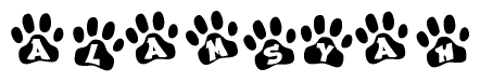 The image shows a series of animal paw prints arranged horizontally. Within each paw print, there's a letter; together they spell Alamsyah