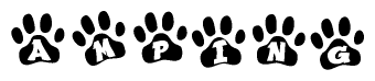 The image shows a series of animal paw prints arranged in a horizontal line. Each paw print contains a letter, and together they spell out the word Amping.