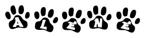 The image shows a series of animal paw prints arranged in a horizontal line. Each paw print contains a letter, and together they spell out the word Alene.