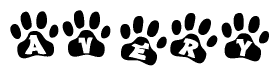 The image shows a series of animal paw prints arranged in a horizontal line. Each paw print contains a letter, and together they spell out the word Avery.