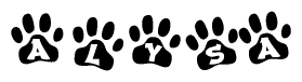 The image shows a series of animal paw prints arranged in a horizontal line. Each paw print contains a letter, and together they spell out the word Alysa.