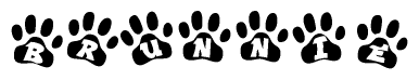 The image shows a row of animal paw prints, each containing a letter. The letters spell out the word Brunnie within the paw prints.