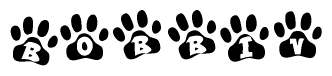 The image shows a row of animal paw prints, each containing a letter. The letters spell out the word Bobbiv within the paw prints.