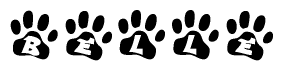 The image shows a series of animal paw prints arranged horizontally. Within each paw print, there's a letter; together they spell Belle