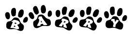 The image shows a series of animal paw prints arranged in a horizontal line. Each paw print contains a letter, and together they spell out the word Barry.