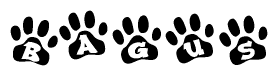 The image shows a series of animal paw prints arranged horizontally. Within each paw print, there's a letter; together they spell Bagus