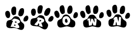 The image shows a row of animal paw prints, each containing a letter. The letters spell out the word Brown within the paw prints.