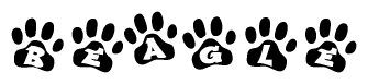 The image shows a series of animal paw prints arranged in a horizontal line. Each paw print contains a letter, and together they spell out the word Beagle.