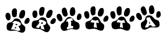 The image shows a row of animal paw prints, each containing a letter. The letters spell out the word Britta within the paw prints.