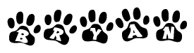 The image shows a series of animal paw prints arranged in a horizontal line. Each paw print contains a letter, and together they spell out the word Bryan.