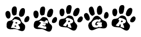 The image shows a series of animal paw prints arranged in a horizontal line. Each paw print contains a letter, and together they spell out the word Bergr.