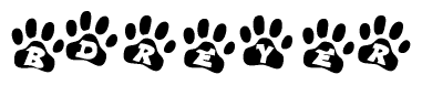 The image shows a row of animal paw prints, each containing a letter. The letters spell out the word Bdreyer within the paw prints.