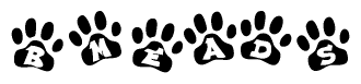 The image shows a row of animal paw prints, each containing a letter. The letters spell out the word Bmeads within the paw prints.