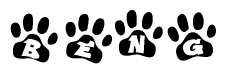 The image shows a series of animal paw prints arranged in a horizontal line. Each paw print contains a letter, and together they spell out the word Beng.