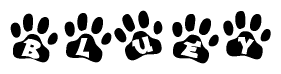 The image shows a row of animal paw prints, each containing a letter. The letters spell out the word Bluey within the paw prints.