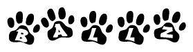 The image shows a series of animal paw prints arranged horizontally. Within each paw print, there's a letter; together they spell Ballz