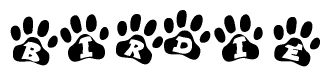 The image shows a row of animal paw prints, each containing a letter. The letters spell out the word Birdie within the paw prints.