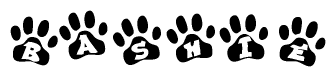 The image shows a series of animal paw prints arranged in a horizontal line. Each paw print contains a letter, and together they spell out the word Bashie.