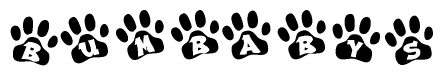 The image shows a row of animal paw prints, each containing a letter. The letters spell out the word Bumbabys within the paw prints.