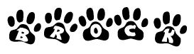 The image shows a series of animal paw prints arranged horizontally. Within each paw print, there's a letter; together they spell Brock