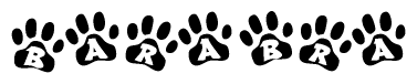 The image shows a row of animal paw prints, each containing a letter. The letters spell out the word Barabra within the paw prints.