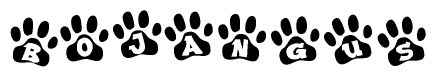 The image shows a series of animal paw prints arranged in a horizontal line. Each paw print contains a letter, and together they spell out the word Bojangus.