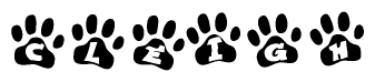 The image shows a series of animal paw prints arranged horizontally. Within each paw print, there's a letter; together they spell Cleigh