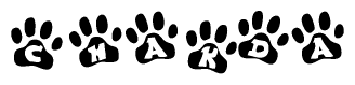 The image shows a series of animal paw prints arranged horizontally. Within each paw print, there's a letter; together they spell Chakda