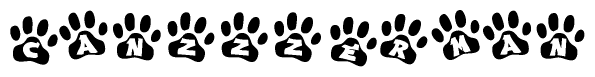 The image shows a row of animal paw prints, each containing a letter. The letters spell out the word Canzzzerman within the paw prints.