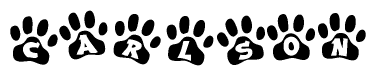 The image shows a series of animal paw prints arranged in a horizontal line. Each paw print contains a letter, and together they spell out the word Carlson.