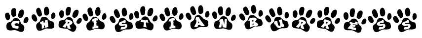 The image shows a series of animal paw prints arranged in a horizontal line. Each paw print contains a letter, and together they spell out the word Christianburress.