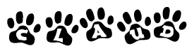 The image shows a series of animal paw prints arranged in a horizontal line. Each paw print contains a letter, and together they spell out the word Claud.