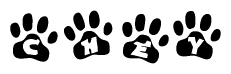 The image shows a row of animal paw prints, each containing a letter. The letters spell out the word Chey within the paw prints.