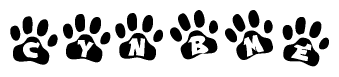 The image shows a series of animal paw prints arranged horizontally. Within each paw print, there's a letter; together they spell Cynbme