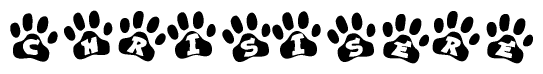 The image shows a series of animal paw prints arranged in a horizontal line. Each paw print contains a letter, and together they spell out the word Chrisisere.