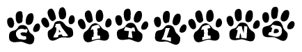 The image shows a row of animal paw prints, each containing a letter. The letters spell out the word Caitlind within the paw prints.