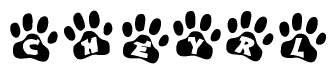 The image shows a series of animal paw prints arranged in a horizontal line. Each paw print contains a letter, and together they spell out the word Cheyrl.