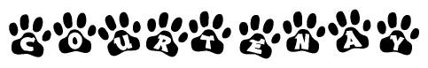 The image shows a series of animal paw prints arranged horizontally. Within each paw print, there's a letter; together they spell Courtenay