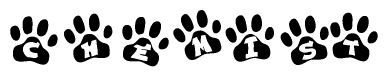 The image shows a series of animal paw prints arranged in a horizontal line. Each paw print contains a letter, and together they spell out the word Chemist.