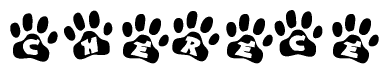 The image shows a series of animal paw prints arranged horizontally. Within each paw print, there's a letter; together they spell Cherece