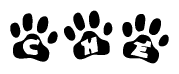The image shows a row of animal paw prints, each containing a letter. The letters spell out the word Che within the paw prints.