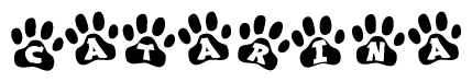 The image shows a series of animal paw prints arranged horizontally. Within each paw print, there's a letter; together they spell Catarina