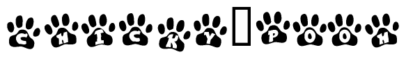 The image shows a row of animal paw prints, each containing a letter. The letters spell out the word Chicky pooh within the paw prints.